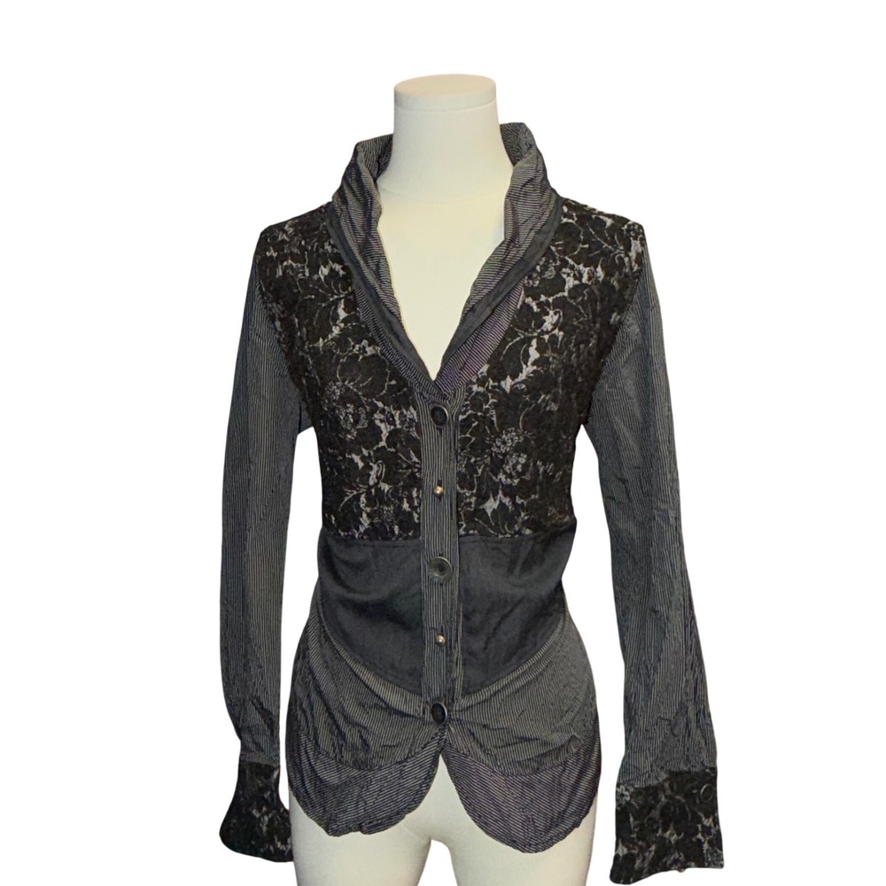 Bonita Mixed Media Button Up Women 40 Black Good Pinstripe Floral Lace Blouse